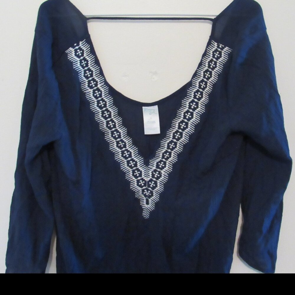 Kona Sol Sheer Swimsuit Coverup Large Blue Womens V Neck Embroidered Tassel Trim
